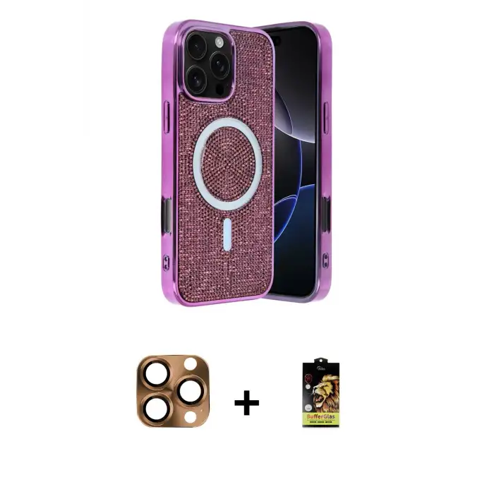 ieg™ iPhone 16 Pro Max Kılıf Eksen Çizgi - Siyah Buffer Cam Ekran Koruyucu + Pers Alüminyum Kamera Lens - CLTM