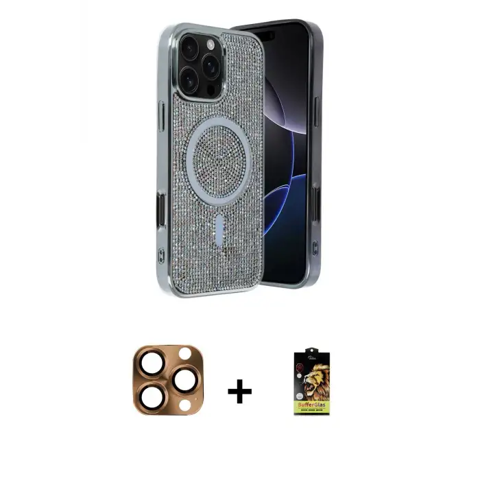 ieg™ iPhone 16 Pro Max Kılıf Eksen Çizgi - Siyah Buffer Cam Ekran Koruyucu + Pers Alüminyum Kamera Lens - CLTM