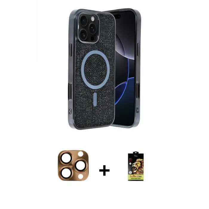 ieg™ iPhone 16 Pro Max Kılıf Eksen Çizgi - Siyah Buffer Cam Ekran Koruyucu + Pers Alüminyum Kamera Lens - CLTM