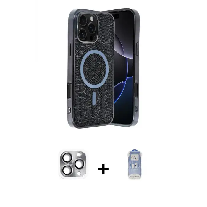 ieg™ iPhone 16 Pro Max Kılıf Eksen Çizgi - Siyah Joko Magic 5D Cam + Pers Alüminyum Kamera Lens - GI