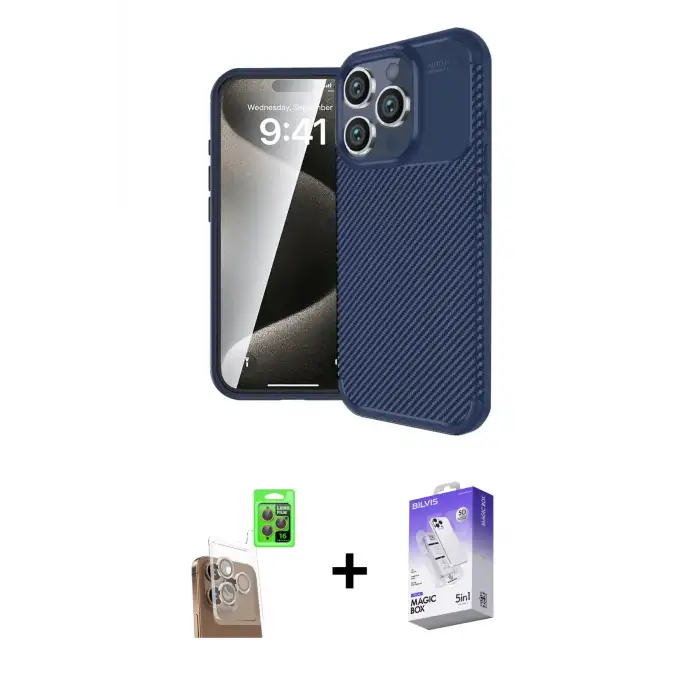 ieg™ iPhone 16 Pro Max Kılıf Eksen Form Prime - Siyah Bilvis 5in1 3D Magic Cam Ekran Koruyucu + Raze Metal Kamera Lens - CLTM