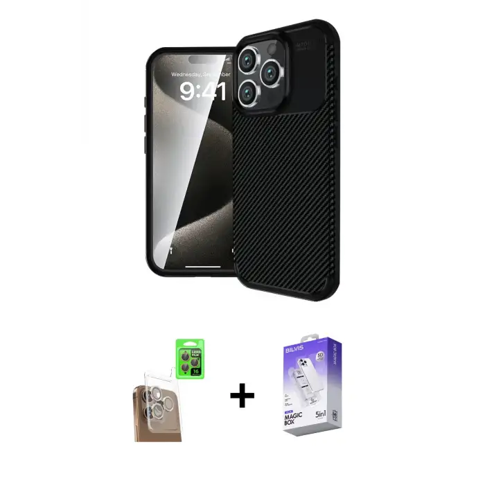ieg™ iPhone 16 Pro Max Kılıf Eksen Form Prime - Siyah Bilvis 5in1 3D Magic Cam Ekran Koruyucu + Raze Metal Kamera Lens - CLTM