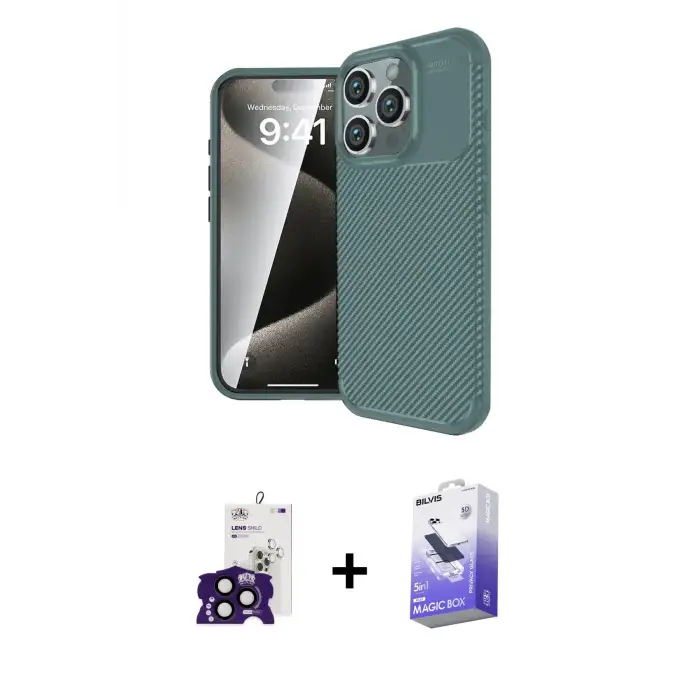 ieg™ iPhone 16 Pro Max Kılıf Eksen Form Prime - Siyah Bilvis 5in1 5D Magic Hayalet Cam Ekran Koruyucu + Bilvis Titan Kamera Lens - SH