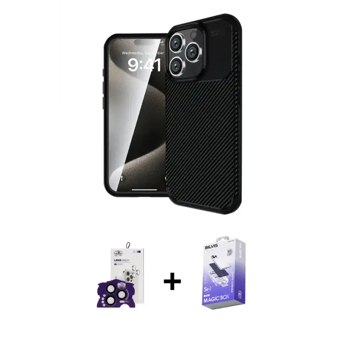 ieg™ iPhone 16 Pro Max Kılıf Eksen Form Prime - Siyah Bilvis 5in1 5D Magic Hayalet Cam Ekran Koruyucu + Bilvis Titan Kamera Lens - SH
