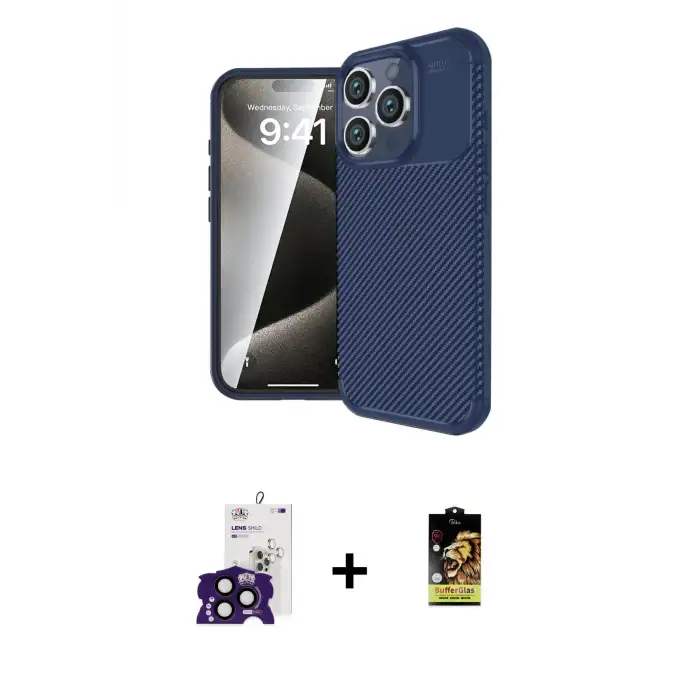 ieg™ iPhone 16 Pro Max Kılıf Eksen Form Prime - Siyah Buffer Cam Ekran Koruyucu + Bilvis Titan Kamera Lens - SH