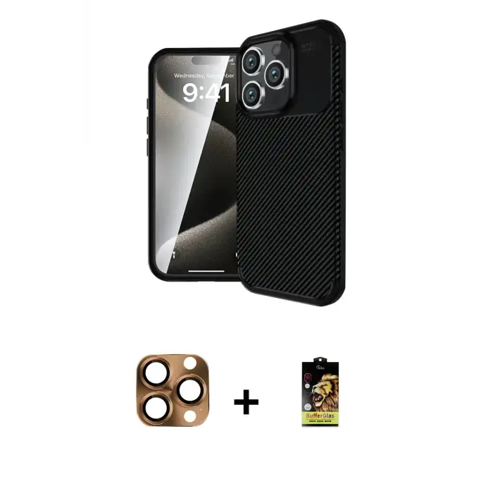 ieg™ iPhone 16 Pro Max Kılıf Eksen Form Prime - Siyah Buffer Cam Ekran Koruyucu + Pers Alüminyum Kamera Lens - CLTM