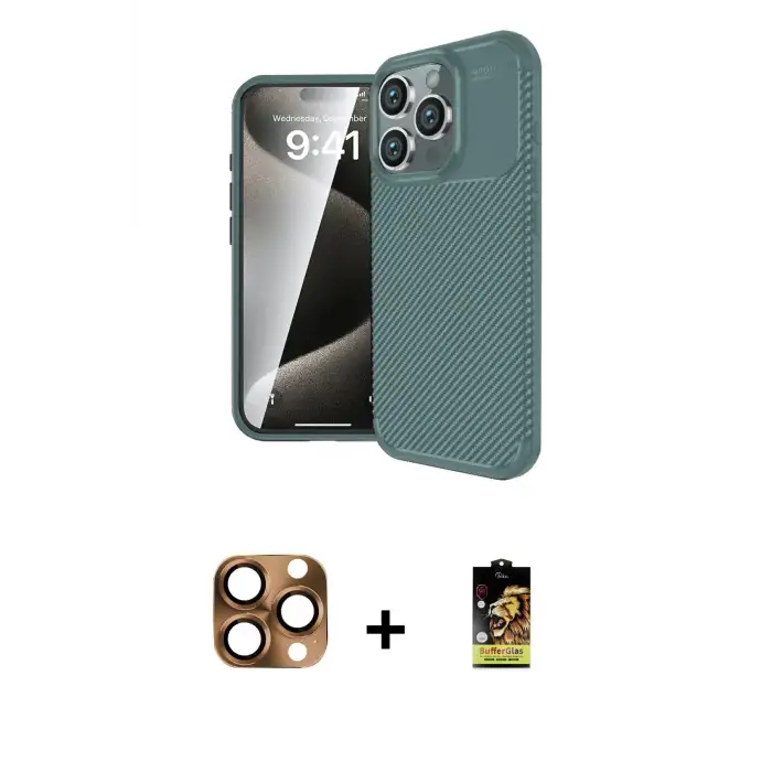 ieg™ iPhone 16 Pro Max Kılıf Eksen Form Prime - Siyah Buffer Cam Ekran Koruyucu + Pers Alüminyum Kamera Lens - CLTM