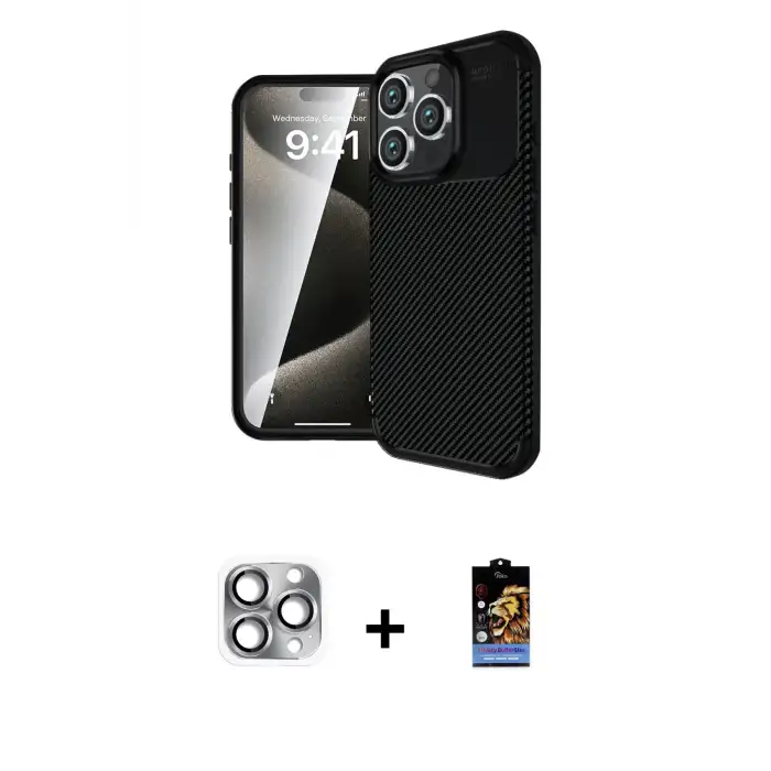 ieg™ iPhone 16 Pro Max Kılıf Eksen Form Prime - Siyah Buffer Hayalet Cam Ekran Koruyucu + Pers Alüminyum Kamera Lens - GI