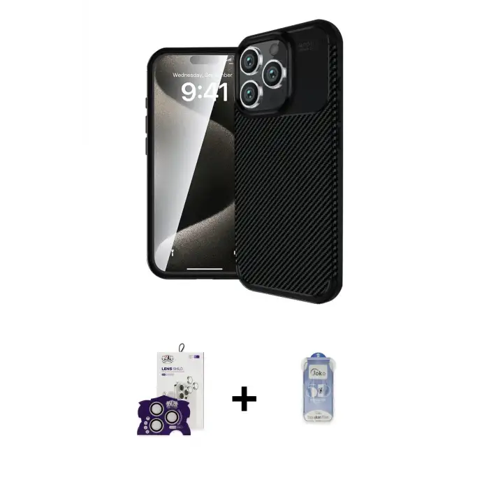 ieg™ iPhone 16 Pro Max Kılıf Eksen Form Prime - Siyah Joko Magic 5D Cam + Bilvis Titan Kamera Lens - GS