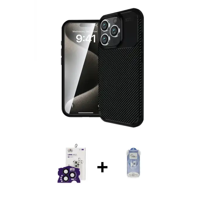 ieg™ iPhone 16 Pro Max Kılıf Eksen Form Prime - Siyah Joko Magic 5D Cam + Bilvis Titan Kamera Lens - SH