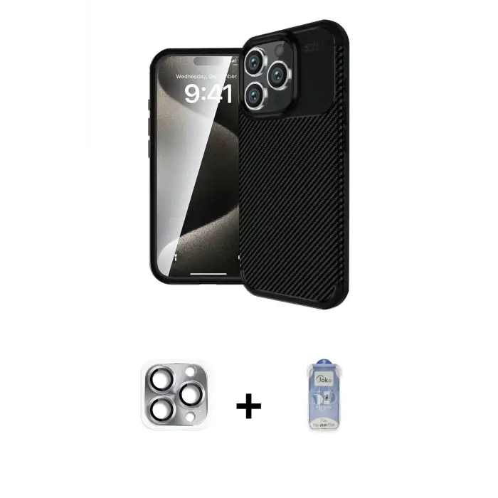 ieg™ iPhone 16 Pro Max Kılıf Eksen Form Prime - Siyah Joko Magic 5D Cam + Pers Alüminyum Kamera Lens - GI