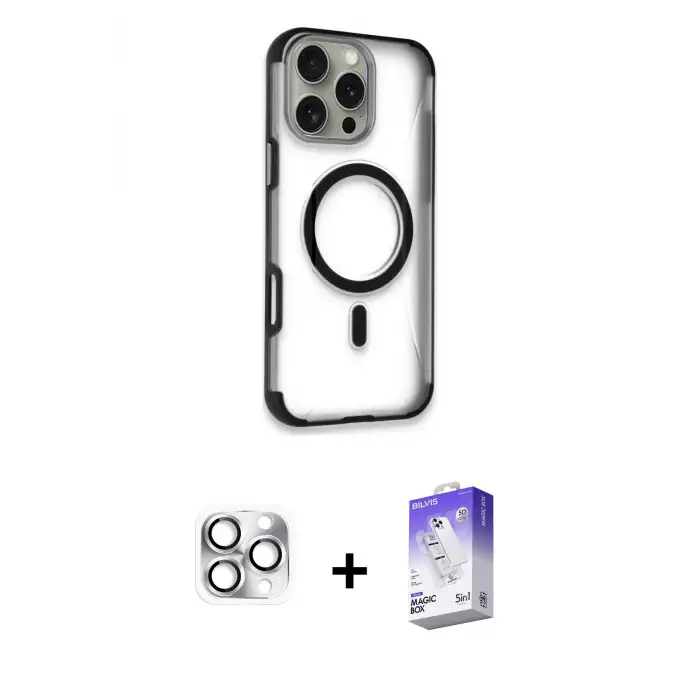 ieg™ iPhone 16 Pro Max Kılıf Eksen Klasik Koleksiyonu - Siyah Bilvis 5in1 3D Magic Cam Ekran Koruyucu + Pers Alüminyum Kamera Lens - GS