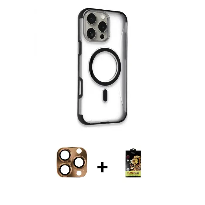 ieg™ iPhone 16 Pro Max Kılıf Eksen Klasik Koleksiyonu - Siyah Buffer Cam Ekran Koruyucu + Pers Alüminyum Kamera Lens - CLTM