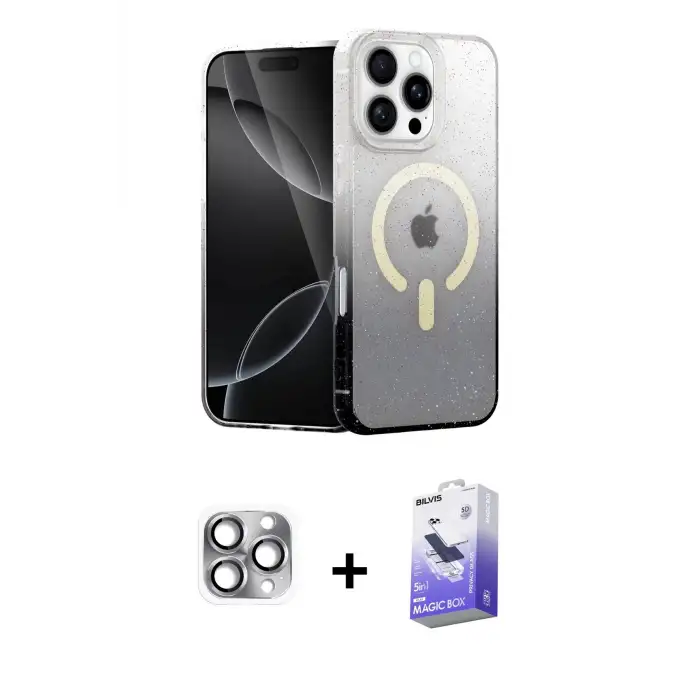ieg™ iPhone 16 Pro Max Kılıf Eksen Minimal Özel Seri - Siyah Bilvis 5in1 5D Magic Hayalet Cam Ekran Koruyucu + Pers Alüminyum Kamera Lens - GI