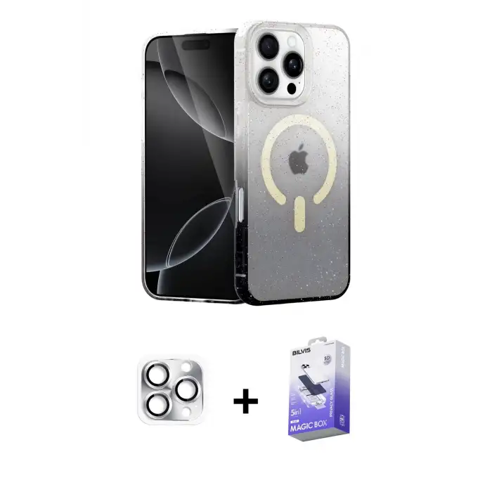 ieg™ iPhone 16 Pro Max Kılıf Eksen Minimal Özel Seri - Siyah Bilvis 5in1 5D Magic Hayalet Cam Ekran Koruyucu + Pers Alüminyum Kamera Lens - GS