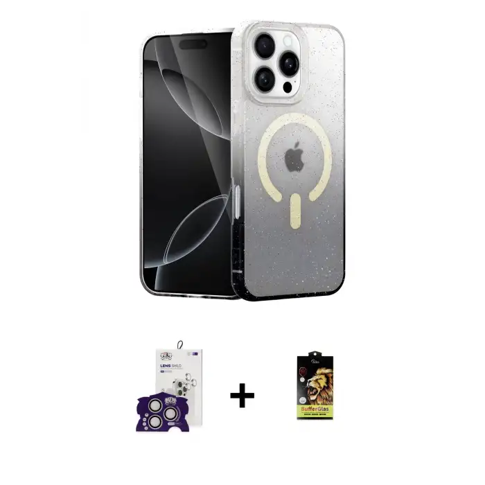 ieg™ iPhone 16 Pro Max Kılıf Eksen Minimal Özel Seri - Siyah Buffer Cam Ekran Koruyucu + Bilvis Titan Kamera Lens - GS