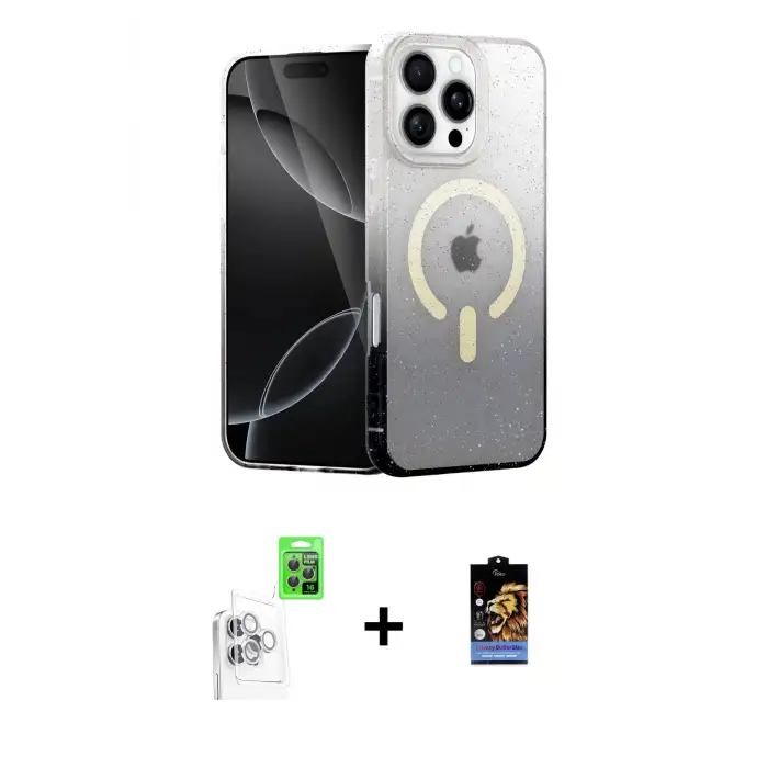 ieg™ iPhone 16 Pro Max Kılıf Eksen Minimal Özel Seri - Siyah Buffer Hayalet Cam Ekran Koruyucu + Raze Metal Kamera Lens - BZ