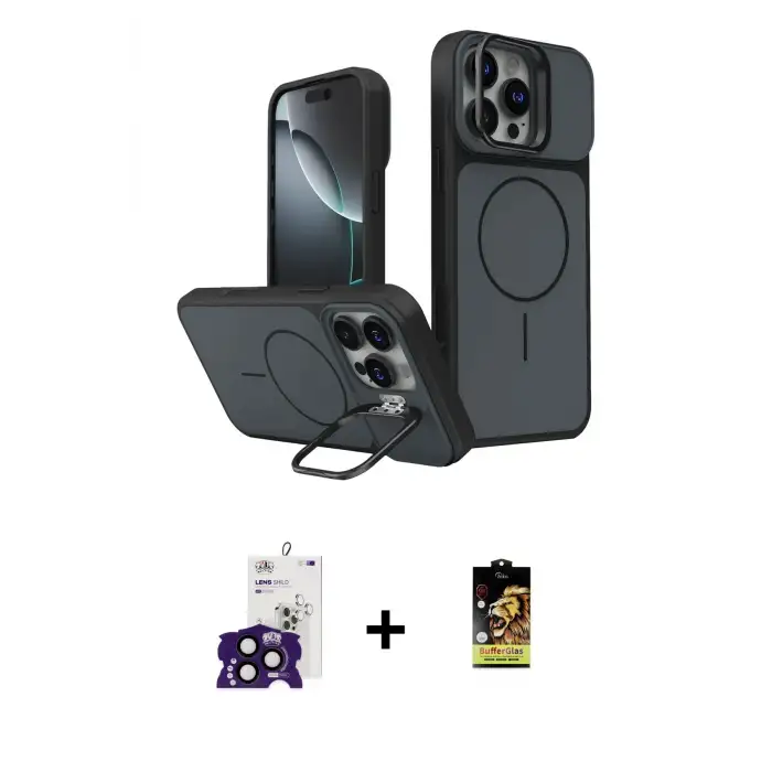 ieg™ iPhone 16 Pro Max Kılıf İz Modern Prime - Siyah Buffer Cam Ekran Koruyucu + Bilvis Titan Kamera Lens - SH