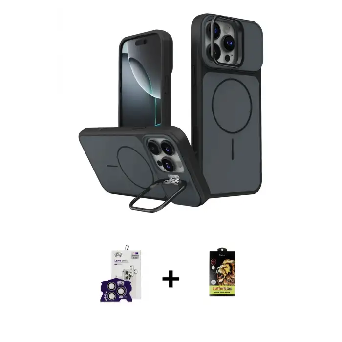 ieg™ iPhone 16 Pro Max Kılıf İz Modern Prime - Siyah Buffer Cam Ekran Koruyucu + Bilvis Titan Kamera Lens - TMGI