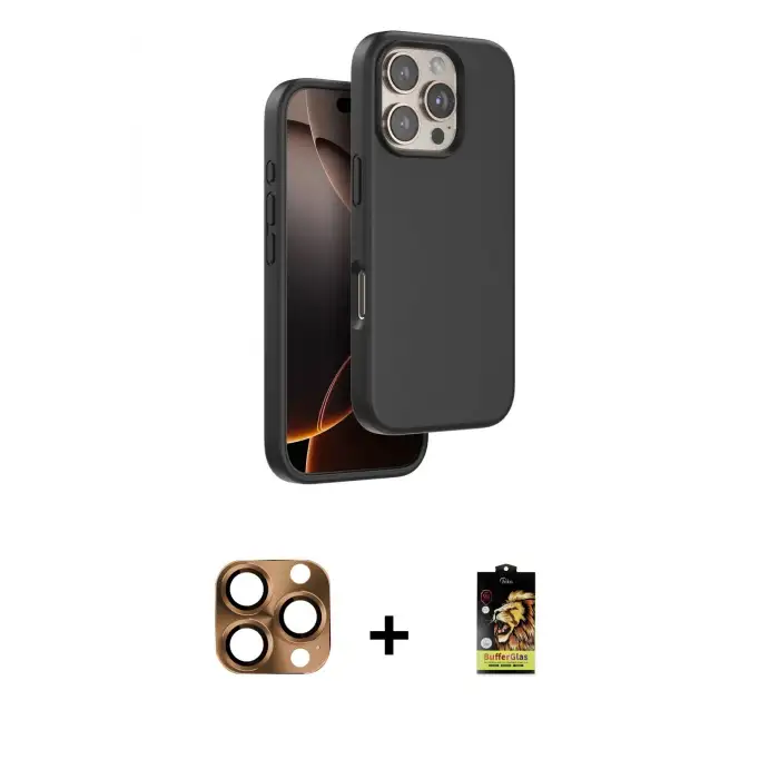 ieg™ iPhone 16 Pro Max Kılıf Kıvılcım Çizgi Serisi - Siyah Buffer Cam Ekran Koruyucu + Pers Alüminyum Kamera Lens - CLTM