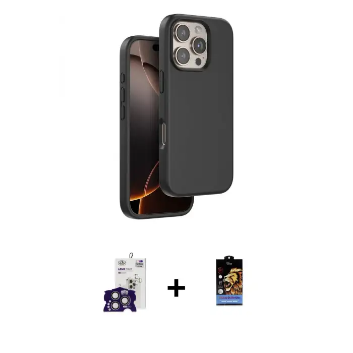 ieg™ iPhone 16 Pro Max Kılıf Kıvılcım Çizgi Serisi - Siyah Buffer Hayalet Cam Ekran Koruyucu + Bilvis Titan Kamera Lens - TMGI