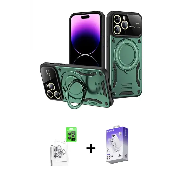 ieg™ iPhone 16 Pro Max Kılıf Kıvılcım Modern Serisi - Siyah Bilvis 5in1 3D Magic Cam Ekran Koruyucu + Raze Metal Kamera Lens - BZ