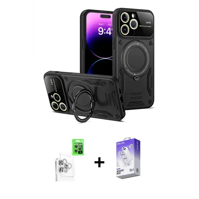 ieg™ iPhone 16 Pro Max Kılıf Kıvılcım Modern Serisi - Siyah Bilvis 5in1 3D Magic Cam Ekran Koruyucu + Raze Metal Kamera Lens - BZ