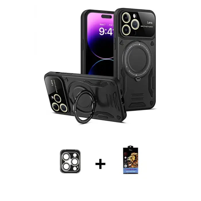 ieg™ iPhone 16 Pro Max Kılıf Kıvılcım Modern Serisi - Siyah Buffer Hayalet Cam Ekran Koruyucu + PVD Metal Kamera Lens - GS