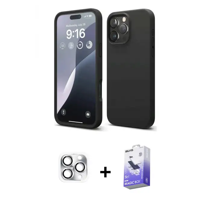ieg™ iPhone 16 Pro Max Kılıf Kozmos Yansıma Özel Seri - Siyah Bilvis 5in1 5D Magic Hayalet Cam Ekran Koruyucu + Pers Alüminyum Kamera Lens - GS
