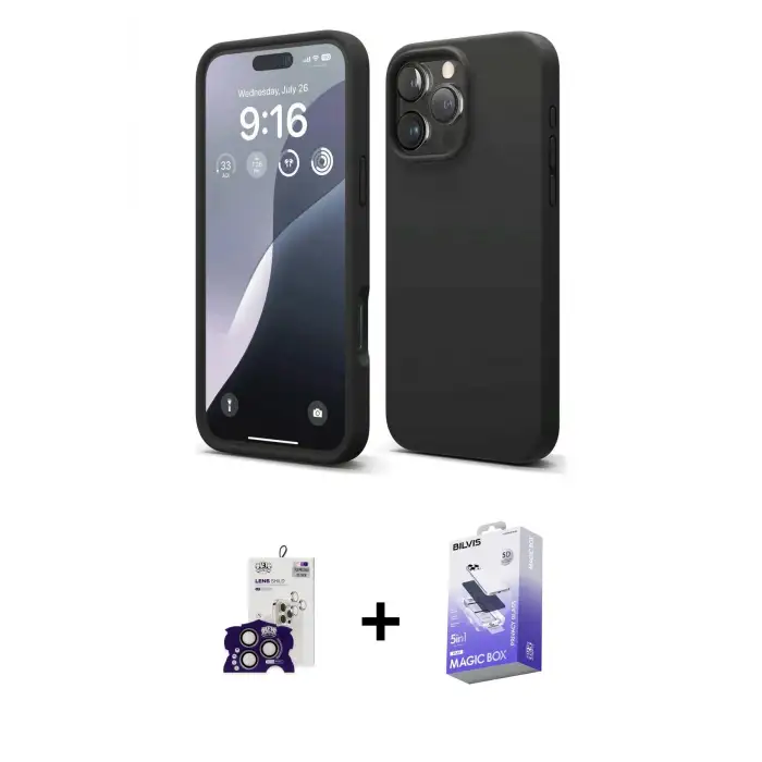 ieg™ iPhone 16 Pro Max Kılıf Kozmos Yansıma Özel Seri - Siyah Bilvis 5in1 5D Magic Hayalet Cam Ekran Koruyucu + Bilvis Titan Kamera Lens - TMGI
