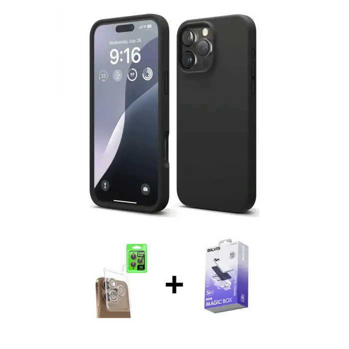 ieg™ iPhone 16 Pro Max Kılıf Kozmos Yansıma Özel Seri - Siyah Bilvis 5in1 5D Magic Hayalet Cam Ekran Koruyucu + Raze Metal Kamera Lens - CLTM