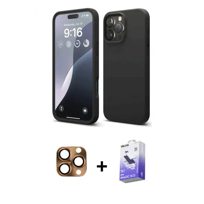 ieg™ iPhone 16 Pro Max Kılıf Kozmos Yansıma Özel Seri - Siyah Bilvis 5in1 5D Magic Hayalet Cam Ekran Koruyucu + Pers Alüminyum Kamera Lens - CLTM