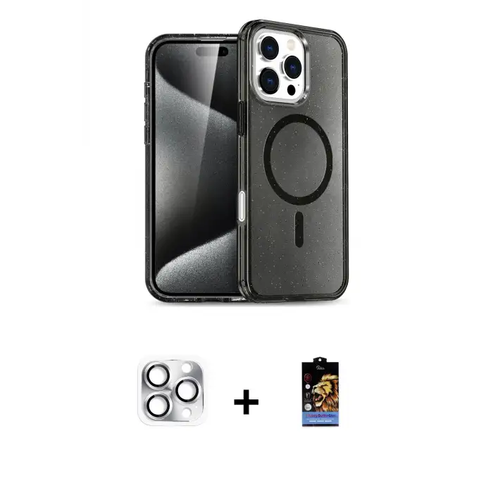 ieg™ iPhone 16 Pro Max Kılıf Nova Asil Prime - Siyah Buffer Hayalet Cam Ekran Koruyucu + Pers Alüminyum Kamera Lens - GS