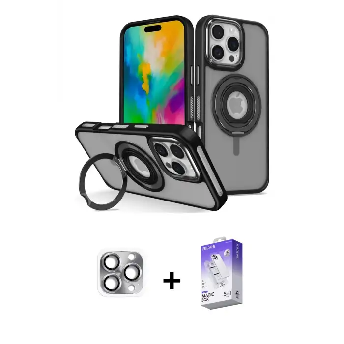 ieg™ iPhone 16 Pro Max Kılıf Nova Minimal Serisi - Siyah Bilvis 5in1 3D Magic Cam Ekran Koruyucu + Pers Alüminyum Kamera Lens - GI