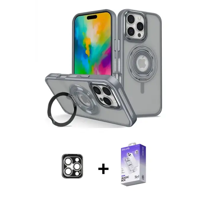 ieg™ iPhone 16 Pro Max Kılıf Nova Minimal Serisi - Siyah Bilvis 5in1 3D Magic Cam Ekran Koruyucu + PVD Metal Kamera Lens - GS