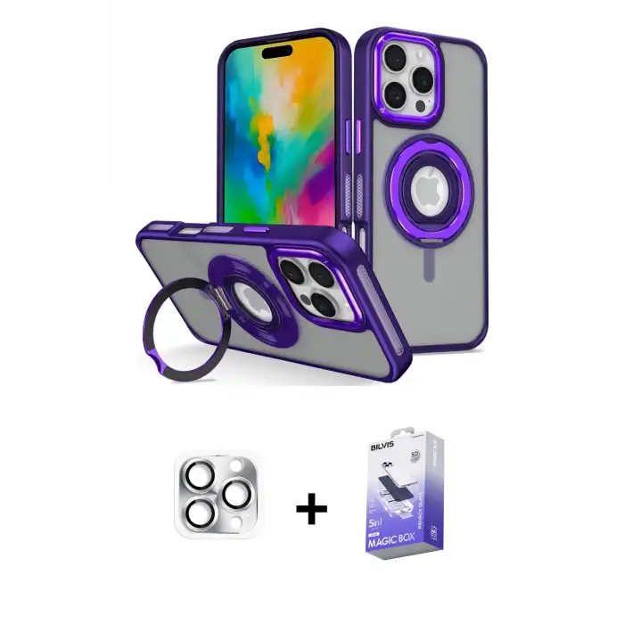 ieg™ iPhone 16 Pro Max Kılıf Nova Minimal Serisi - Siyah Bilvis 5in1 5D Magic Hayalet Cam Ekran Koruyucu + Pers Alüminyum Kamera Lens - GS