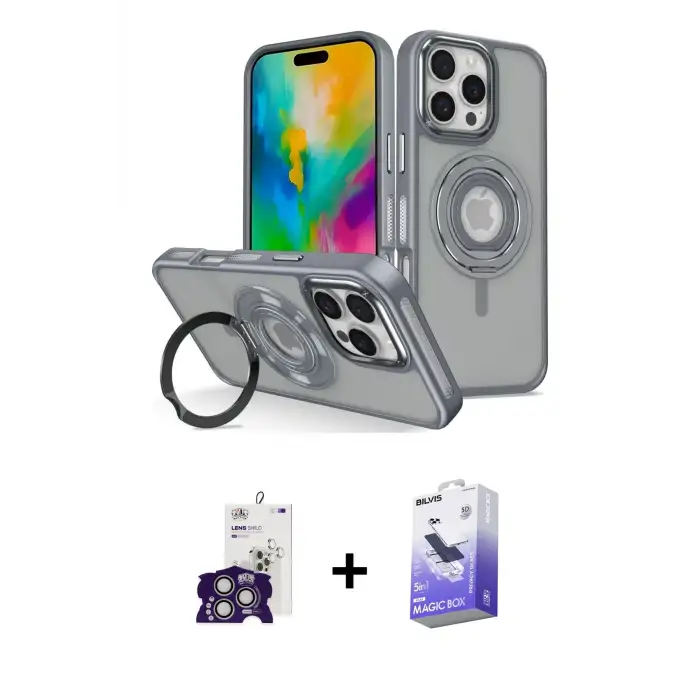 ieg™ iPhone 16 Pro Max Kılıf Nova Minimal Serisi - Siyah Bilvis 5in1 5D Magic Hayalet Cam Ekran Koruyucu + Bilvis Titan Kamera Lens - GS