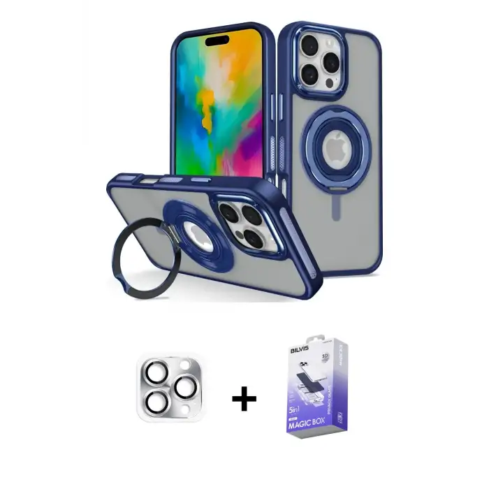 ieg™ iPhone 16 Pro Max Kılıf Nova Minimal Serisi - Siyah Bilvis 5in1 5D Magic Hayalet Cam Ekran Koruyucu + Pers Alüminyum Kamera Lens - GS