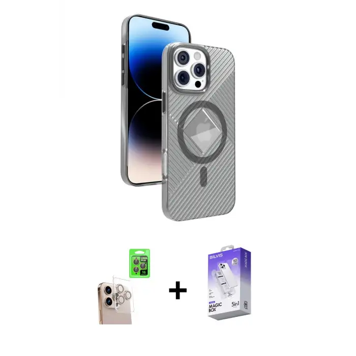 ieg™ iPhone 16 Pro Max Kılıf Nova Modern Prime - Siyah Bilvis 5in1 3D Magic Cam Ekran Koruyucu + Raze Metal Kamera Lens - NLGY