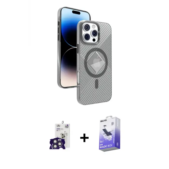 ieg™ iPhone 16 Pro Max Kılıf Nova Modern Prime - Siyah Bilvis 5in1 5D Magic Hayalet Cam Ekran Koruyucu + Bilvis Titan Kamera Lens - TMGI