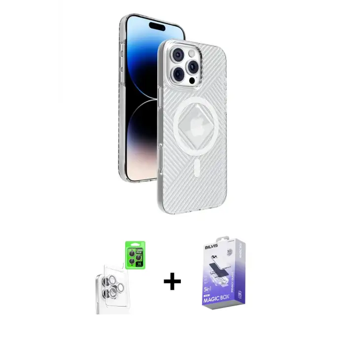 ieg™ iPhone 16 Pro Max Kılıf Nova Modern Prime - Siyah Bilvis 5in1 5D Magic Hayalet Cam Ekran Koruyucu + Raze Metal Kamera Lens - BZ