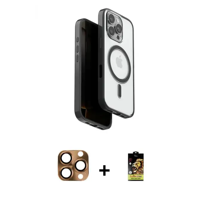 ieg™ iPhone 16 Pro Max Kılıf Pusula Form Serisi - Siyah Buffer Cam Ekran Koruyucu + Pers Alüminyum Kamera Lens - CLTM