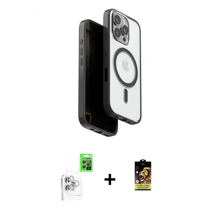 ieg™ iPhone 16 Pro Max Kılıf Pusula Form Serisi - Siyah Buffer Cam Ekran Koruyucu + Raze Metal Kamera Lens - BZ