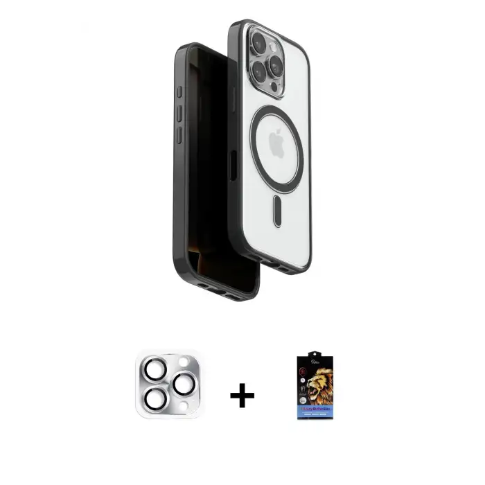ieg™ iPhone 16 Pro Max Kılıf Pusula Form Serisi - Siyah Buffer Hayalet Cam Ekran Koruyucu + Pers Alüminyum Kamera Lens - GS