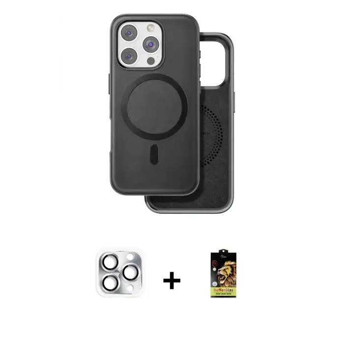 ieg™ iPhone 16 Pro Max Kılıf Pusula Işık Koleksiyonu - Siyah Buffer Cam Ekran Koruyucu + Pers Alüminyum Kamera Lens - GS