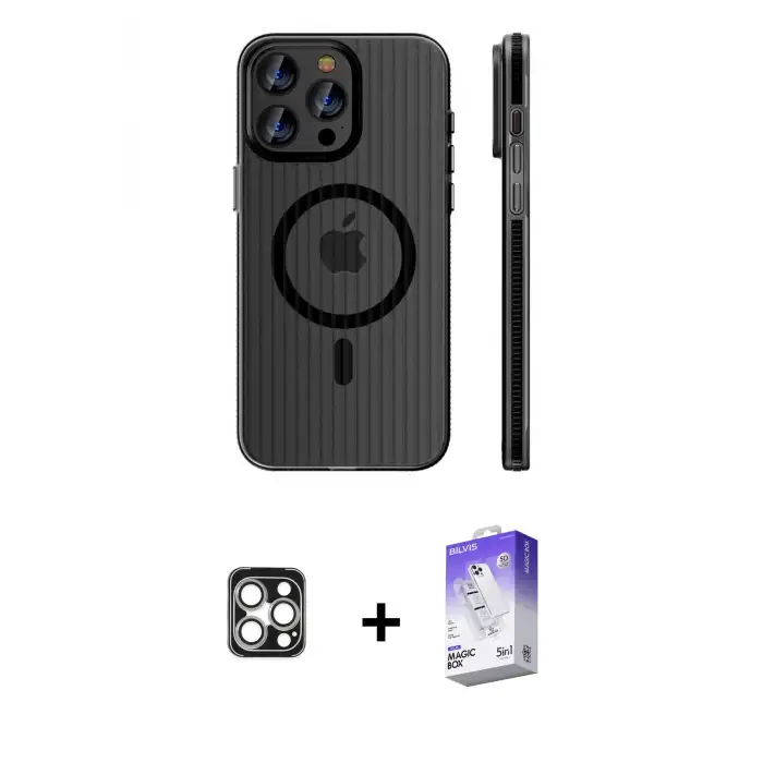 ieg™ iPhone 16 Pro Max Kılıf Pusula Minimal Koleksiyonu - Siyah Bilvis 5in1 3D Magic Cam Ekran Koruyucu + PVD Metal Kamera Lens - GS