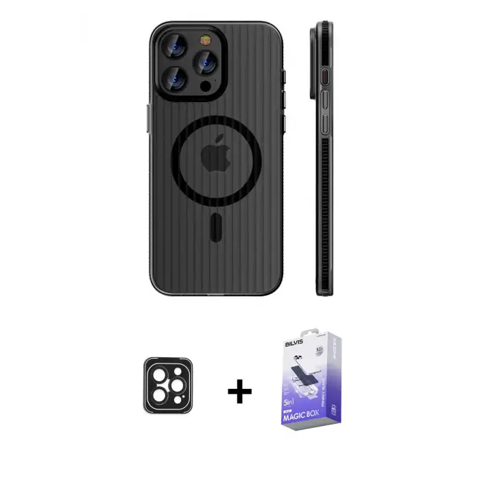 ieg™ iPhone 16 Pro Max Kılıf Pusula Minimal Koleksiyonu - Siyah Bilvis 5in1 5D Magic Hayalet Cam Ekran Koruyucu + PVD Metal Kamera Lens - SH