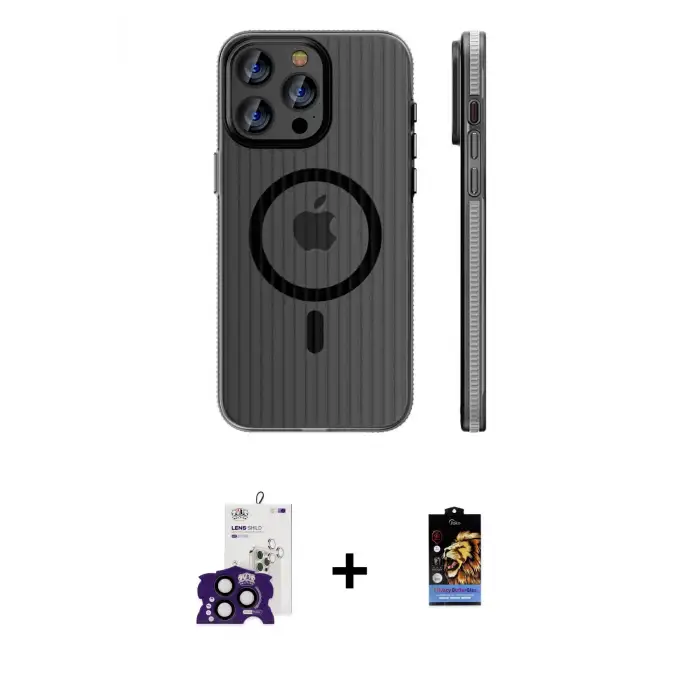 ieg™ iPhone 16 Pro Max Kılıf Pusula Minimal Koleksiyonu - Siyah Buffer Hayalet Cam Ekran Koruyucu + Bilvis Titan Kamera Lens - SH