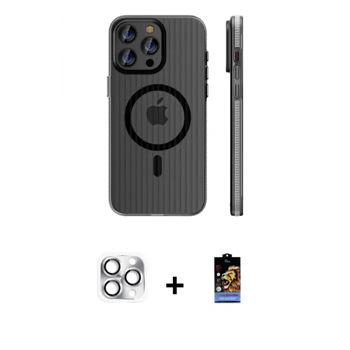 ieg™ iPhone 16 Pro Max Kılıf Pusula Minimal Koleksiyonu - Siyah Buffer Hayalet Cam Ekran Koruyucu + Pers Alüminyum Kamera Lens - GS