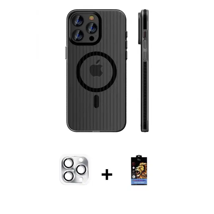 ieg™ iPhone 16 Pro Max Kılıf Pusula Minimal Koleksiyonu - Siyah Buffer Hayalet Cam Ekran Koruyucu + Pers Alüminyum Kamera Lens - GS